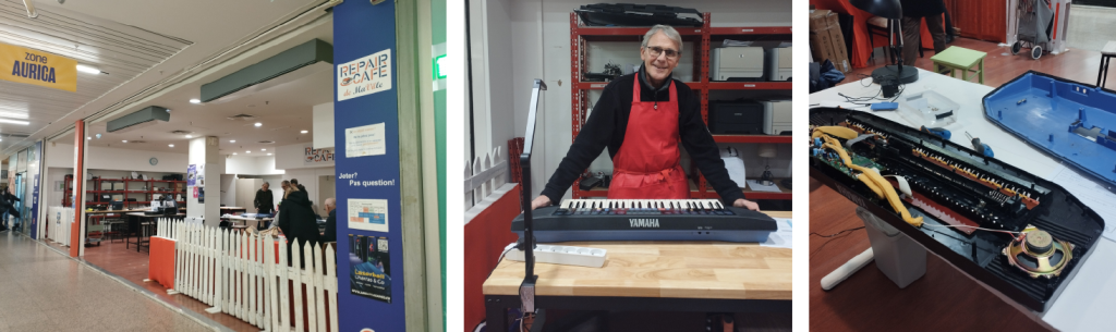 3 images montrant le lieu et la réparation d'un piano