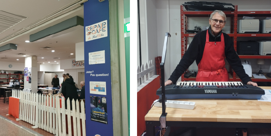 3 images montrant le lieu et la réparation d'un piano
