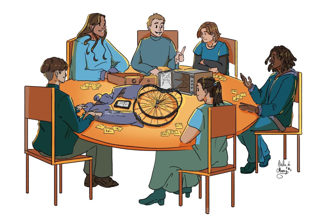 Illustration personnes autour d'une table entrain de réparer des objets